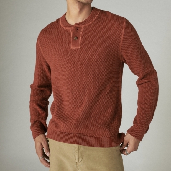 Lucky Brand Cloud Soft Cashmere Blend Classic Knit Henley Sweater Terra Cotta L - Picture 12 of 12
